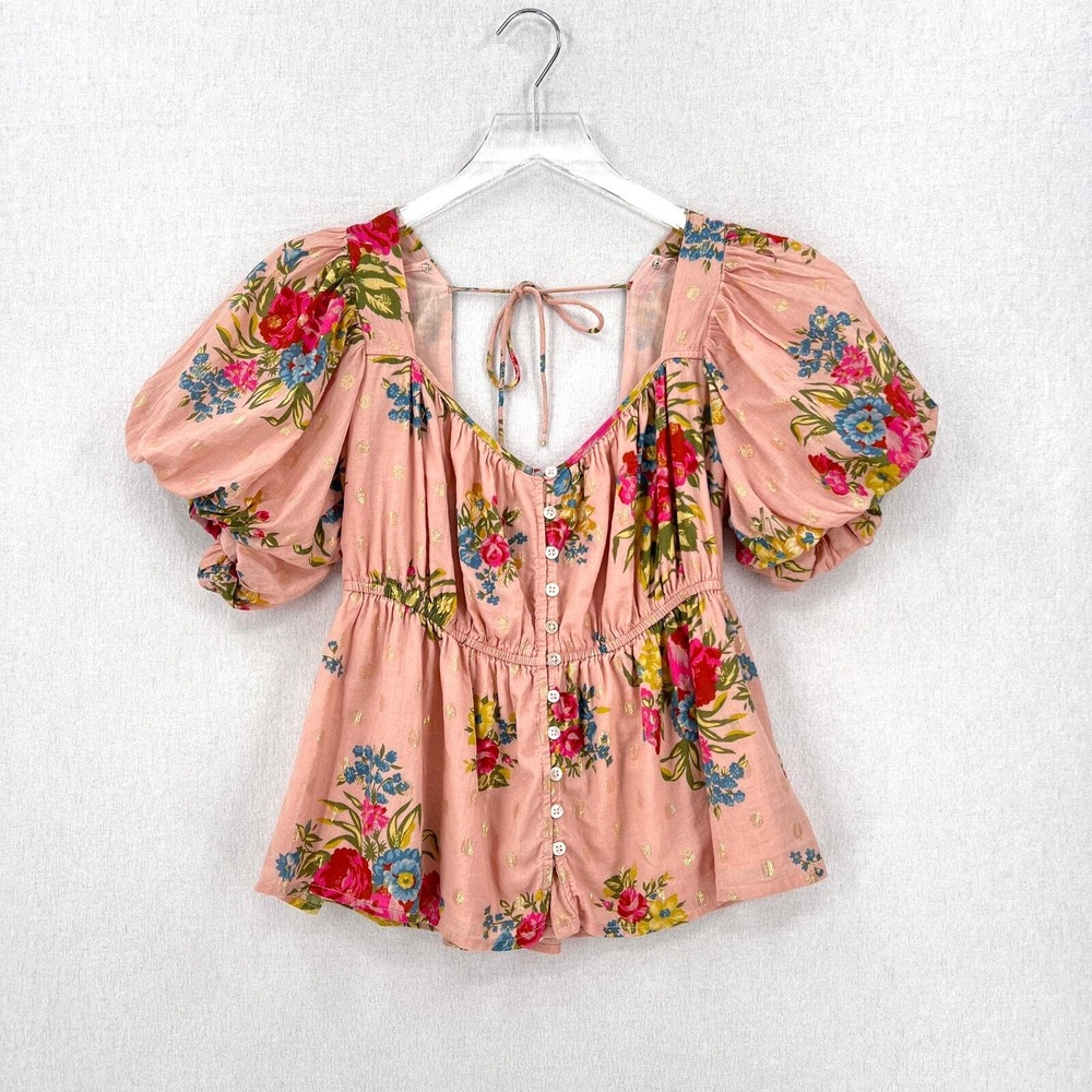 ANTHROPOLOGIE Love The Label Rosette Babydoll Top S Pink Floral Puff Sleeve Boho - Picture 4 of 16